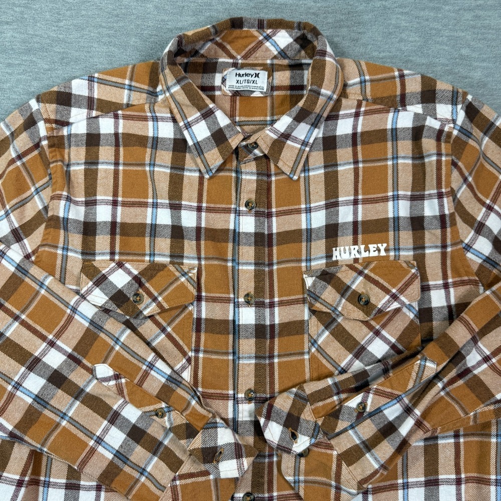 Hurley Shirts Men XL‎ Brown Plaid Button Up Long Sleeve Flannel Cotton Workwear